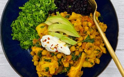 Cauliflower and Chickpea Curry with Broccoli Rice