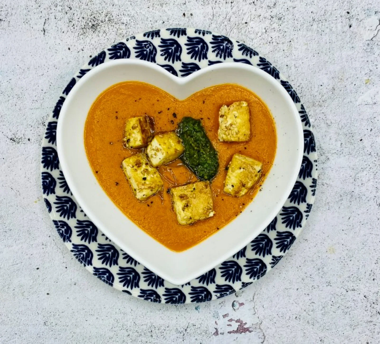 Tomato, Red Pepper and Red Lentil Soup with Tofu Croutons - Dominique Ludwig